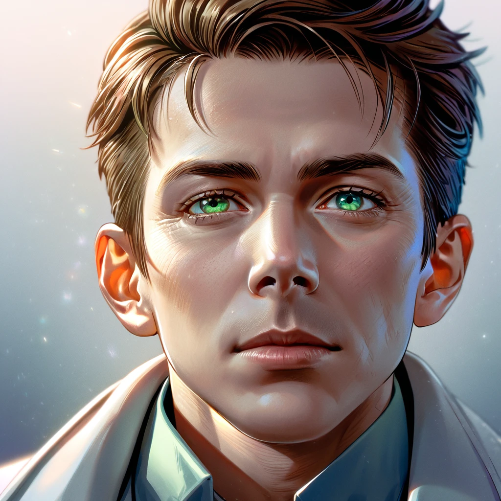 (absurdres, highres, ultra detailed, HDR) master piece, best quality, extremely detailed face, delicated features, scientist, 1boy, male, man, scientist's white coat, green eyes, tall