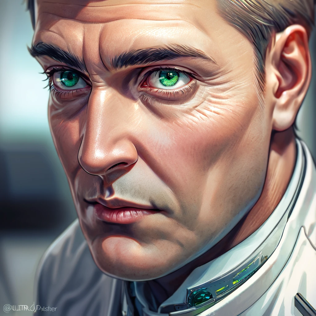 (absurdres, highres, ultra detailed, HDR) master piece, best quality, extremely detailed face, delicated features, scientist, 1boy, male, man, scientist's white coat, green eyes, tall