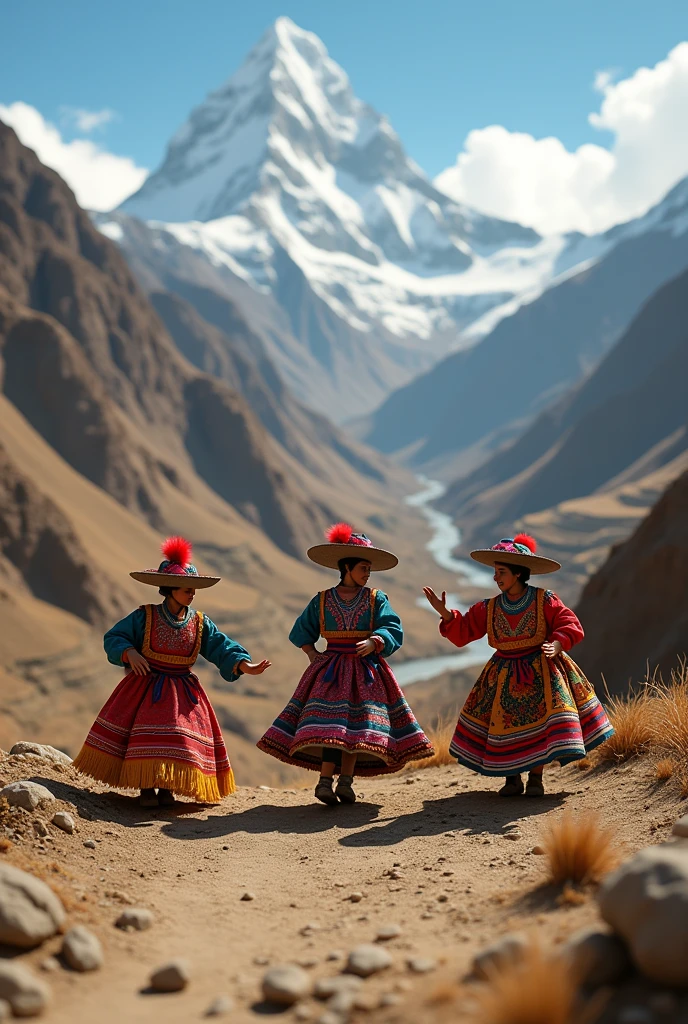 A diorama scene depicting a traditional huayno dance. The background should have an Andean landscape with high mountains, terraced fields. And it is desolate