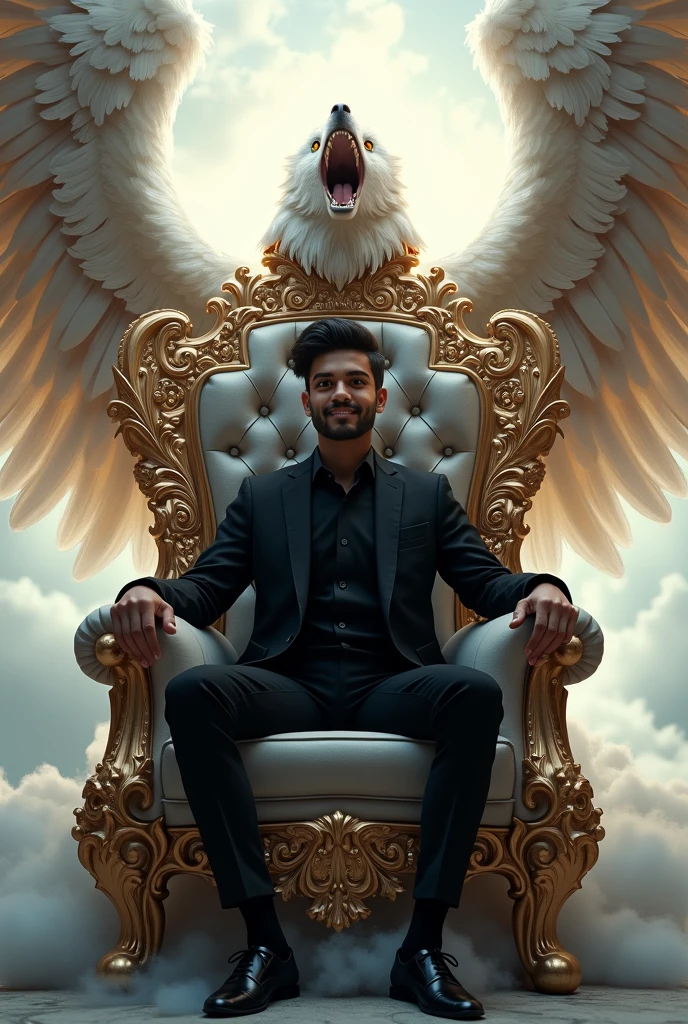 Generate a more powerful and majestic chair, like an angel's throne.
a grand, ornate chair with a open mouth black grey dangerous wolf's head,with also big eagle wings,clouds, and halos. The chair is adorned with shimmering gold and silver accents, and its seat is made of the finest velvet. The back of the chair rises like a crescent moon,with delicate feathers etched into its surface. The chair seems to glow with a soft, ethereal light, as if it's been kissed by the divine.and the chair is also white and upper of the chair write big white font name SYED SAIFULLAH
The cute boy 2,SYED SAIFULLAH, sits regally in this magnificent chair, his all-black suit a striking contrast to the chair's celestial beauty. His eyes shine bright, and his smile radiates confidence and charm.