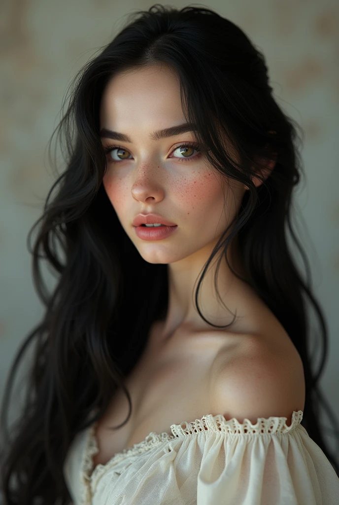 A white Slavic woman with black hair and freckles, approximately 20 years old