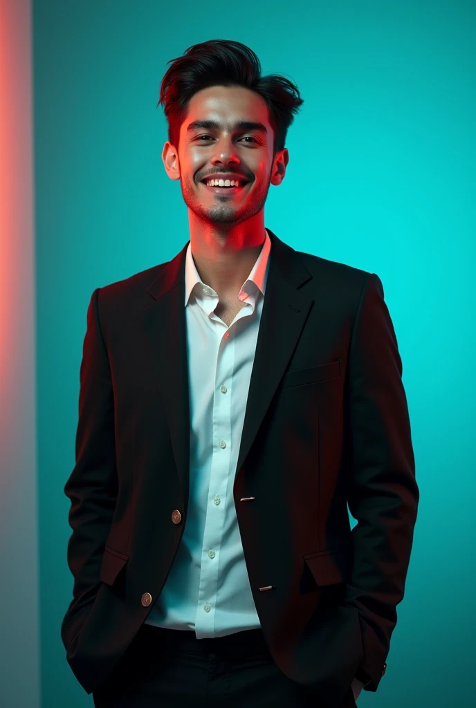 A young Man With Dark hair and a confident smile He is Dressed in a black blazer over a white shirt The man is positioned against aqua colour backdrop with a subtle red lighting on t
