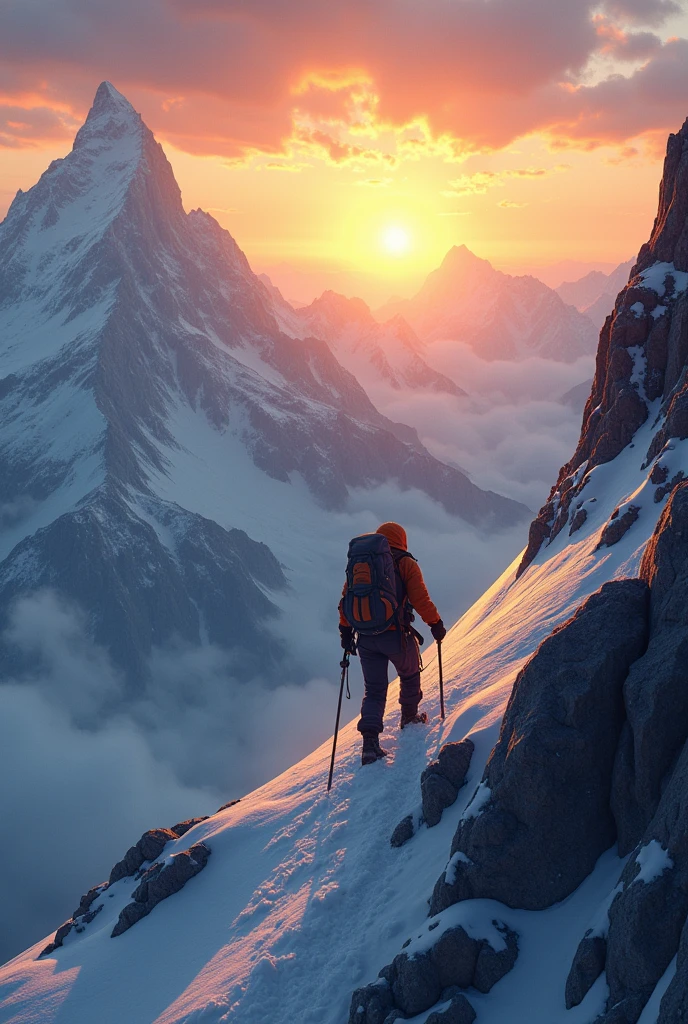 A mountain climbing scene, with a climber nearing the summit. The 
scene should show the climber’s resilience and determination, with the sun rising in 
the background, casting a golden light over the landscape.