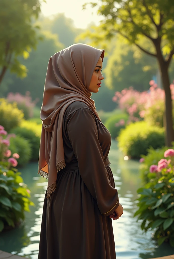 Back veiw of a hijabi fat girl standing infront of a beautiful garden