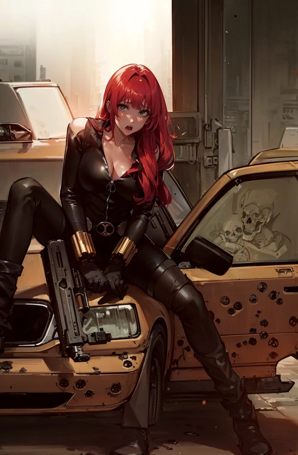 A red-haired girl is depicted sitting on the hood of a yellow, bullet-riddled car. She is dressed in a sleek skin-tight shiny black latex bodysuit with a deep-cut zipper neckline revealing a large chest, the silver zipper running down the front. The suit is complemented by her golden wrist guard on both wrists and a belt of golden circles around her waist and she is holding a gun with both hands. Nearby, several boxes contribute to the gritty urban atmosphere of the scene, and the presence of a skull and skeleton figures add an eerie element to the setting. Behind her, a darkened room opens through a door, and the surrounding environment features a building that could be interpreted as industrial. The overall impression conveyed by the picture is one of a dangerous, edgy, and mysterious atmosphere.