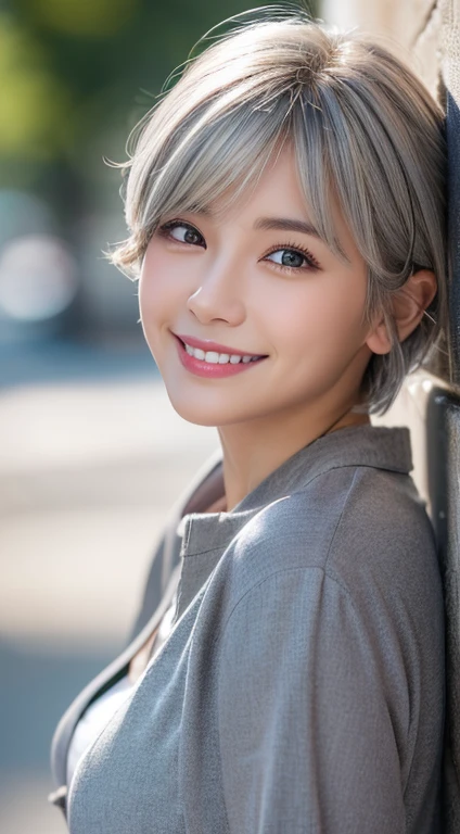 Happy smile seeing this、In the city、(Highest quality,8K quality,masterpiece:1.3,),(Ultra-high resolution:1.3,Realistic:1.4,RAW Photos:1.2),(Very detailed:1.2,Glowing Skin,Detailed skin:1.1),(Detailed face,Perfect Anatomy,Caustics:1.2),,1 person,cute,Japanese,1,Japanese Ido,nature,Gray Hair, [(Gray to blonde gradation:1.4):0.4],Curl short hair outward,cute目,nature Makeup,bright casual clothes,Laughter,Looking into the camera,On the face,Face Focus,Professional Lighting,nature柔らかな光,