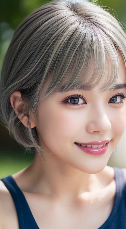 Happy smile seeing this、In the city、(Highest quality,8K quality,masterpiece:1.3,),(Ultra-high resolution:1.3,Realistic:1.4,RAW Photos:1.2),(Very detailed:1.2,Glowing Skin,Detailed skin:1.1),(Detailed face,Perfect Anatomy,Caustics:1.2),,1 person,cute,Japanese,1,Japanese Ido,nature,Gray Hair, [(Gray to blonde gradation:1.4):0.4],Curl short hair outward,cute目,nature Makeup,bright casual clothes,Laughter,Looking into the camera,On the face,Face Focus,Professional Lighting,nature柔らかな光,