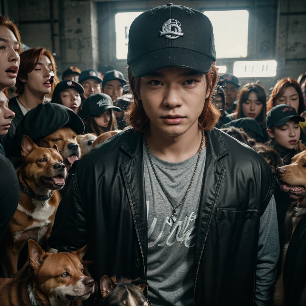 Yang Jeongin, member of Stray Kids. A redheaded boy wearing 2000s style clothes and a cap, surrounded by several large breed dogs, chaotic pitbulls, detailed portrait, 1boy, beautiful detailed face, long eyelashes, hyper realistic, cinematic lighting, dramatic atmosphere, intricate details, warm color palette, vibrant colors.