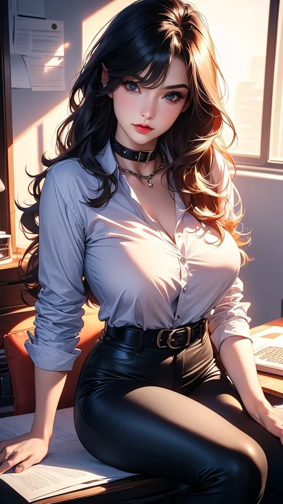 (best quality,4k,8k,highres,masterpiece:1.2),ultra-detailed,(realistic,photorealistic,photo-realistic:1.37),1girl,huge breasts,camel toe,sitting,legs spread,long hair,collar,solo,shirt,pet collar,chain,office,sitting on office desk,papers,unbuttoned clothes,black hair,upper body,unbuttoned shirt,jewelry,white shirt,plain background,wavy hair,colored hair red pop punk,makeup,black leggings,belt