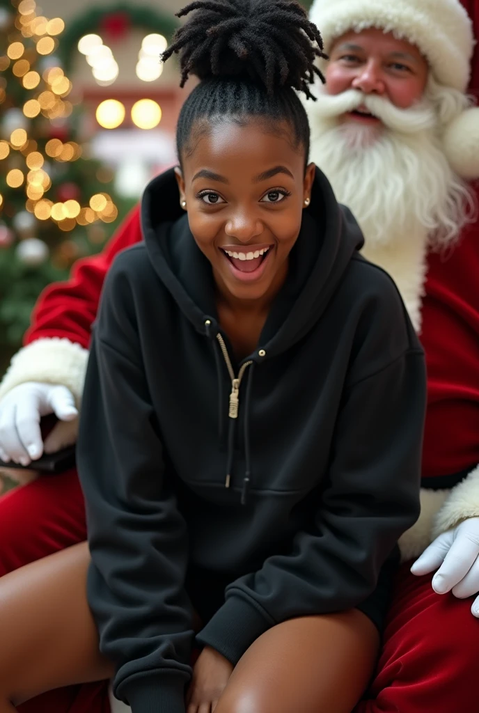 black woman hair in a bun black hoodie black leather short shorts excited and eyes wide open on her face setting in santa claus lap at the mall 8k