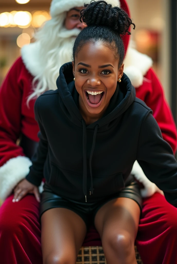 black woman hair in a bun black hoodie black leather short shorts excited and eyes wide open on her face setting in santa claus lap at the mall 8k