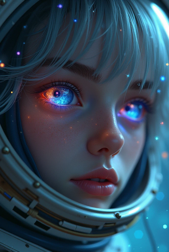 (Close-up of a better masterpiece:1.5)0.9], (Space and astronauts:1.2) (Messy silver hair:1.1) (Heterochromia xanthochromia and blue eyes:1.2) (Space Helmet:1.0) (Colored stars in the eyes:1.0) (A radiant glow:1.1) (thick lips:0.9)