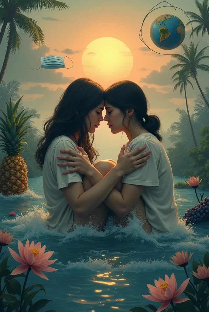 Women hugging their knees, flood water, waves, pineapple,mask ,grape, lotus, sun and clouds, rotating globe