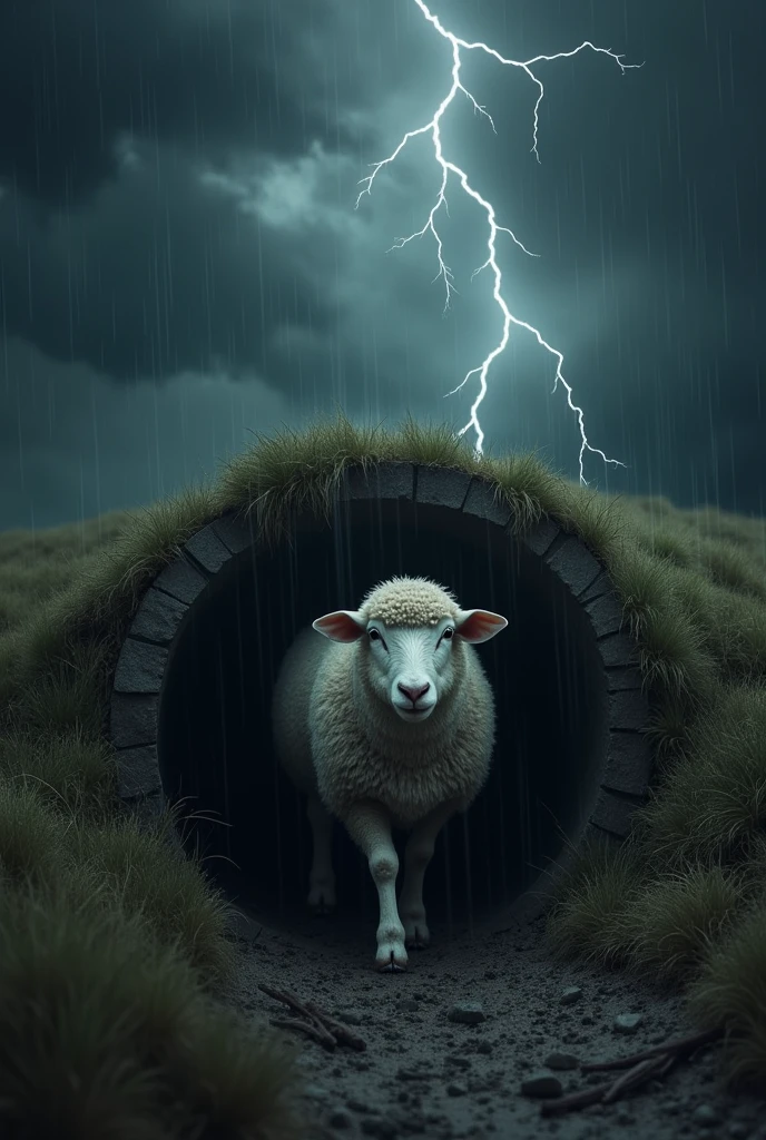  A SHEEP COMING OUT OF A HOLE, DARK SKY WITH LIGHTNING AND STORM .