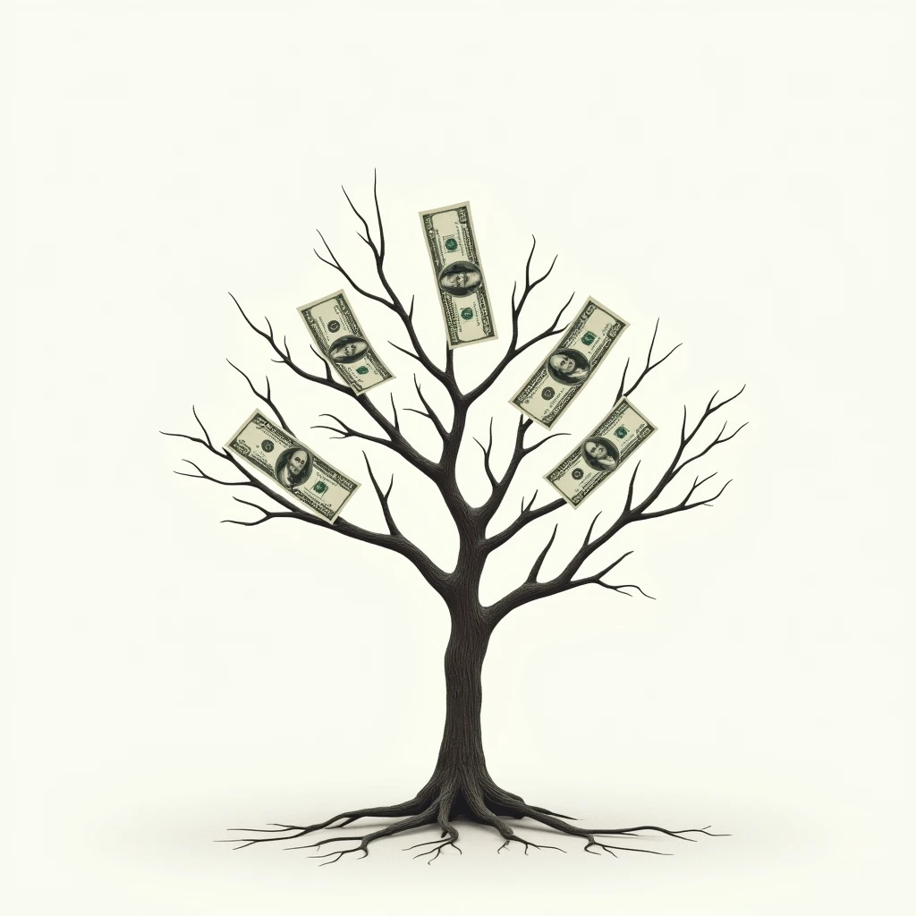 Dollar bills growing like fruit on a leafless tree, don't add leaves, just 4 bills growing from the tree, with a white background