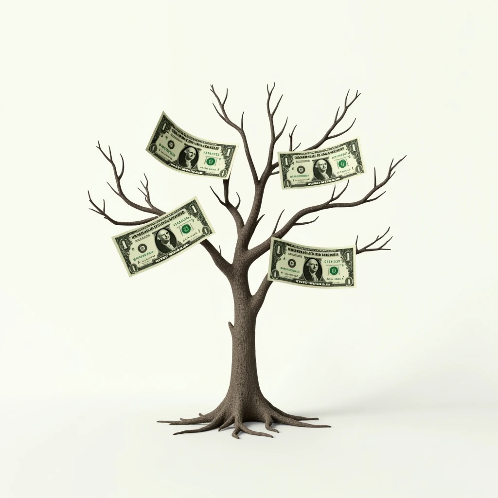 Dollar bills growing like fruit on a leafless tree, don't add leaves, just 4 bills growing from the tree, with a white background