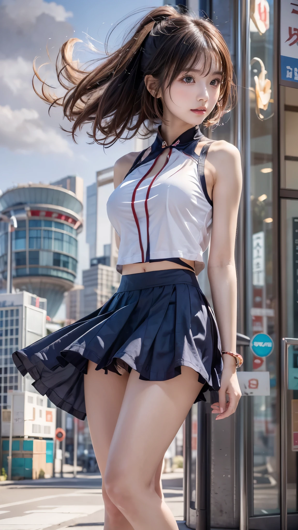 (((A pure and cute beautiful girl stands in a futuristic city:1.2))), (Strong winds cause the skirt to roll up:1.4), (((Cute underwear is visible:1.2))), Beautiful straight hair, Short brown hair, Immersion, (Beautiful symmetrical eyes), (Thin thighs:1.2, Beautiful feet:1.2), Slender body line, ((Tight waist:1.2)), (Japanese Idols, Baby Face, high school girl, teenage), (Perfect Anatomy:1.2), Beautiful breasts, Beautiful buttocks, (Highest quality、Highest quality、Masterpiece、Ultra high definition、Reality:1.37), (Detailed eyes and face:1.3、Professional photography techniques)、(Detailed hands:1.1、The right move:1.1)、((Hair and skirt fluttering in the wind:1.3)), (((Cute tops and mini skirts))), (Futuristic fashion), (Detailed arms and legs:1.2)