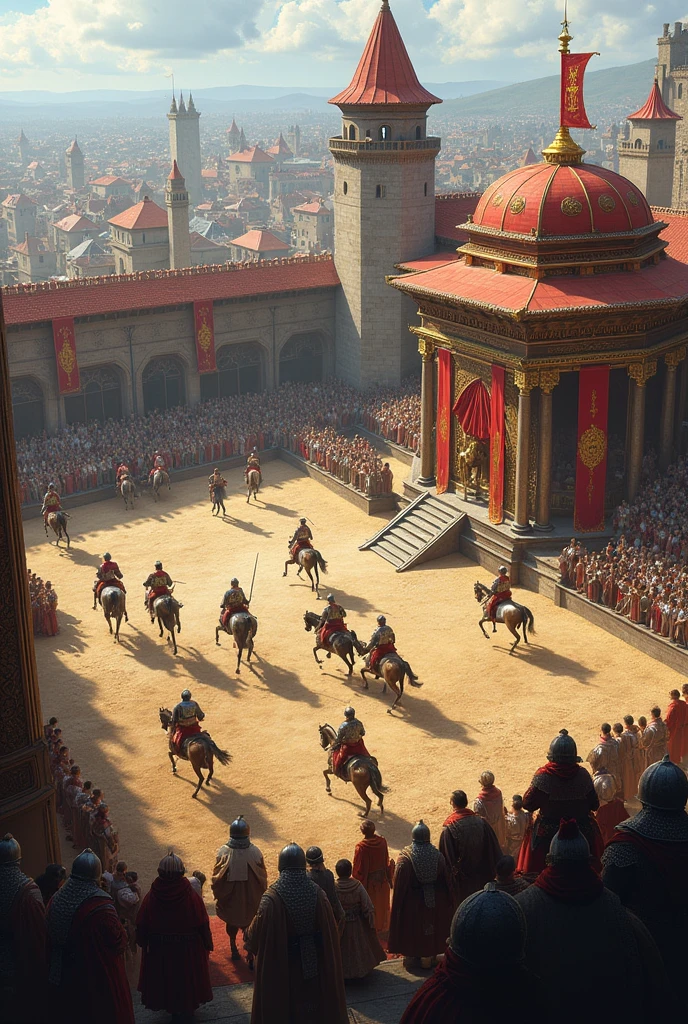 Create a medieval tournament seen from above with the city in the background, and place a royal pavilion in the stands, a royal palanquin