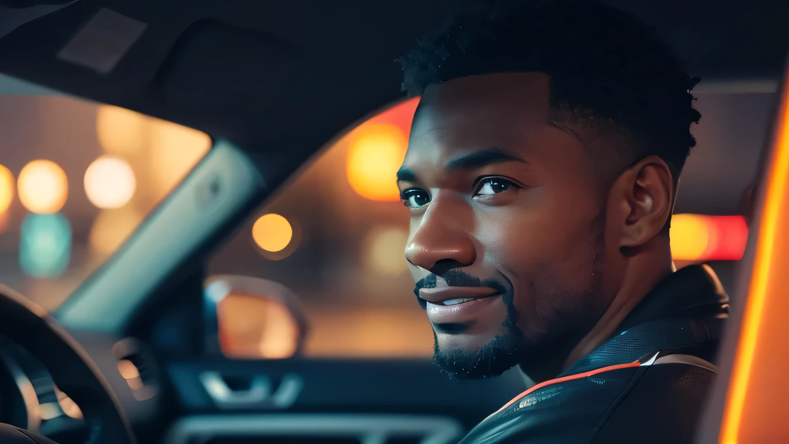 A poor African American man, smiling, driving at night in the city, cinematic lighting, detailed facial features, intricate details, dramatic lighting, intense emotion, vibrant colors, moody atmosphere, photorealistic, 8k, high resolution, masterpiece, ultra-detailed, realistic, physically-based rendering, sharp focus, vivid colors, dramatic, cinematic, atmospheric, emotive