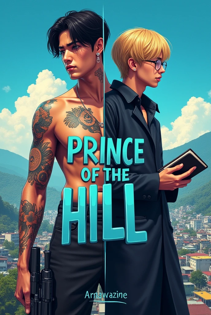 Make a fanfic cover with the name in 3d "prince of the hill"
On the cover, put a blue sky and the Rocinha favela in the background., after on the left side put jungkook from bts with a rifle in his right hand and with tattoos and piercing, the hair a little big and measuring 1,80 tall and shirtless On the right side of the cover, put jimin from bts blonde and shorter than jungkook in height, with a cute face and round glasses, a green shirt and dress pants and with a book and notebook in hand