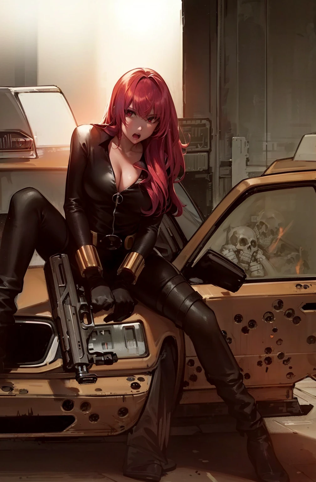 A red-haired girl is depicted sitting on the hood of a yellow, bullet-riddled car. She is dressed in a sleek skin-tight shiny black latex bodysuit with a deep-cut zipper neckline revealing a large chest, the silver zipper running down the front. The suit is complemented by her golden wrist guard on both wrists and a belt of golden circles around her waist and she is holding a gun with both hands. Nearby, several boxes contribute to the gritty urban atmosphere of the scene, and the presence of a skull and skeleton figures add an eerie element to the setting. Behind her, a darkened room opens through a door, and the surrounding environment features a building that could be interpreted as industrial. The overall impression conveyed by the picture is one of a dangerous, edgy, and mysterious atmosphere.