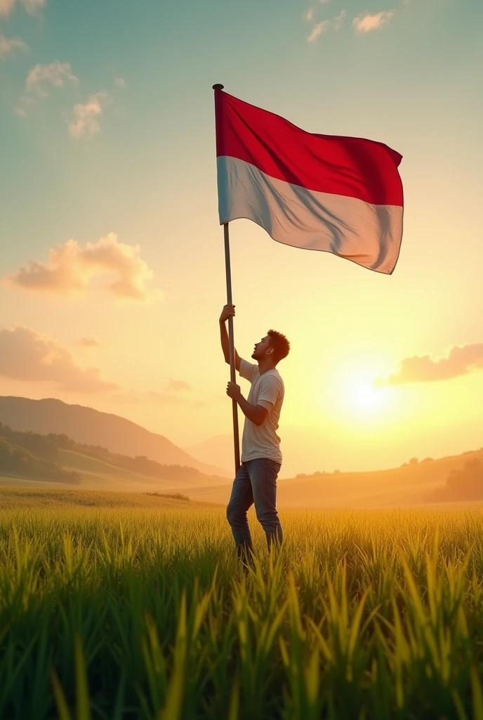 (photorealism:1.2), A man is raising the Indonesian flag on a fresh green meadow accompanied by the rising morning sun.,