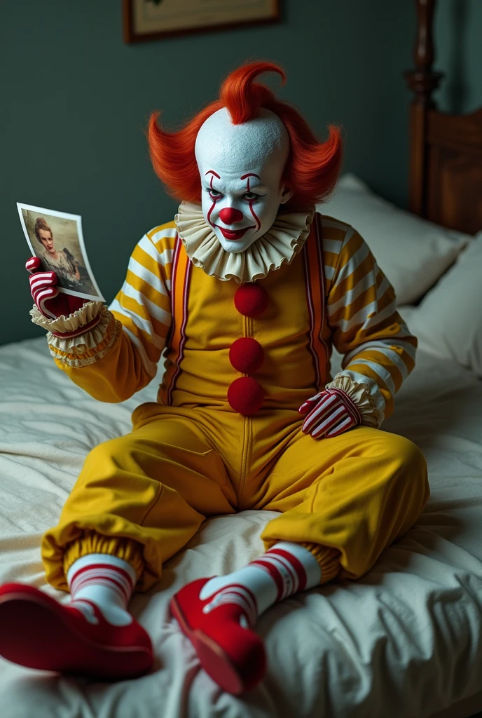 the image shows a clown wearing a vibrant outfit with a yellow jumpsuit, a long-sleeved shirt with red and white stripes and matching socks. He is lying on a bed, holding a framed photo and looking at it with a longing expression