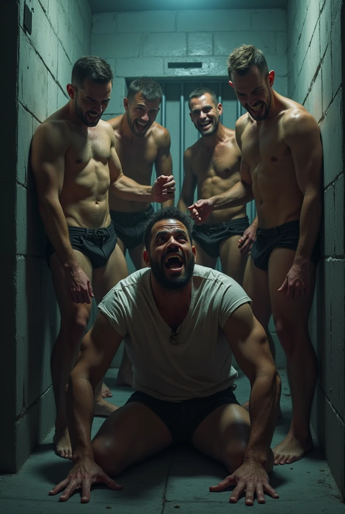 A prison cell with the gay men and a man afraid of them and shouting for help and they lookingcat him smiling trying to undress thier cloth