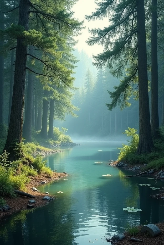 Small shady lake with pine trees

