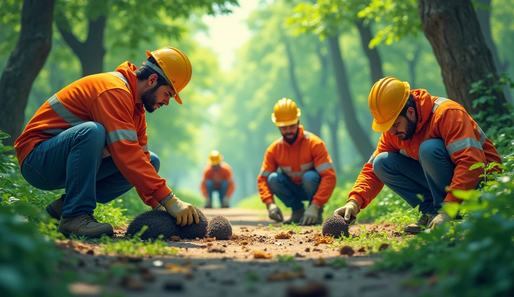 A group of workers from the construction site started catching moles from the green area of ​​the university. The place was a forest and there were other moles being caught by many construction workers.