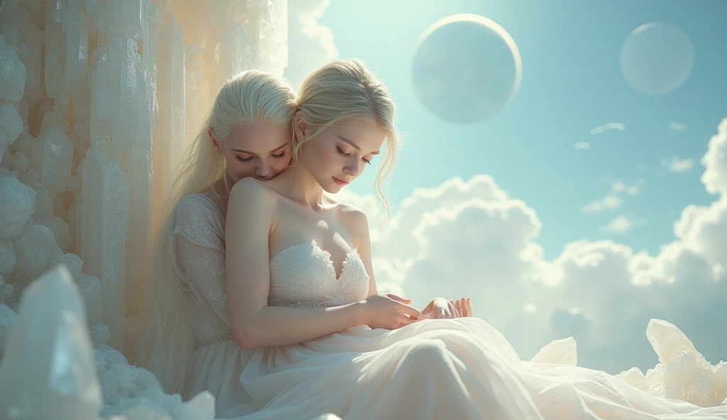 1 ethereal person, 1 physical person, tender astral encounter, crystal tower, planets, quartz, detailed faces, beautiful eyes, delicate skin, elegant pose, dreamlike atmosphere, soft lighting, pastel colors, cinematic, intricate details, photorealistic, 8k, high resolution, masterpiece, concept art