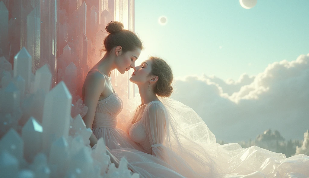 1 ethereal person, 1 physical person, tender astral encounter, crystal tower, planets, quartz, detailed faces, beautiful eyes, delicate skin, elegant pose, dreamlike atmosphere, soft lighting, pastel colors, cinematic, intricate details, photorealistic, 8k, high resolution, masterpiece, concept art