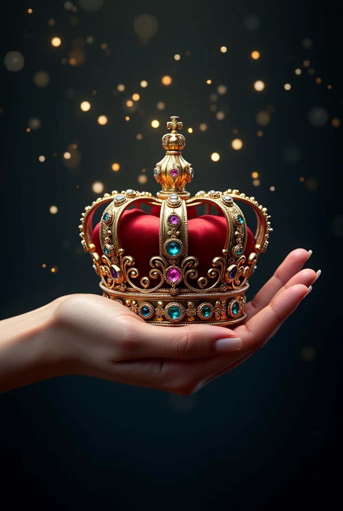 A hand hold a fancy crown, black backgroung with sparkles