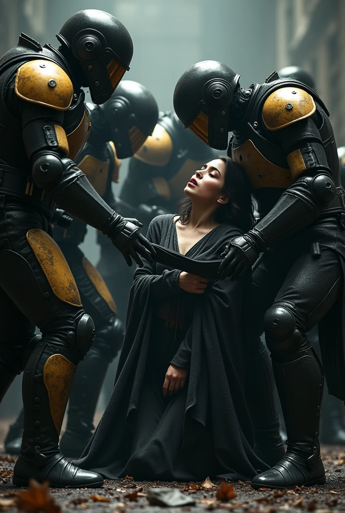 extremely detailed,hyper realistic, 1 group of heavily armored futuristic soldiers in black and gold armor, dark fantasy, 1 woman cowering on the ground, soldiers violently sexually assaulting and overpowering the woman, they tearing her cloth and trying to force themselves on her, gritty, dramatic lighting, cinematic composition, dark and gloomy atmosphere, intricate details, muted color palette, high contrast, intense emotions, masterpiece