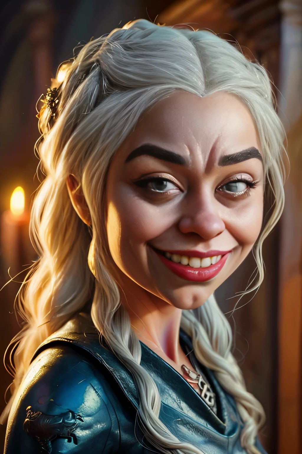 (caricature style: 1.5), exaggerated features, bold lines, vibrant colors, digital painting, cartoonish, close-up portrait, big head, smiling, (( Daenerys Targaryen caricature, exaggerated features, silver hair flowing in the wind, intense purple eyes)) , regal yet determined expression, dragon scales subtly integrated into her clothing, sitting on an iron throne made of dragon bones, background of a burning city, dramatic lighting, digital painting, cartoonish, bold lines, vibrant colors, high contrast, sharp details, close-up portrait, fantasy elements, medieval atmosphere, epic and powerful, (masterpiece: 2), best quality, ultra highres, original, extremely detailed, perfect lighting
