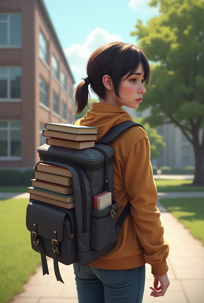 Image: The student arrives at school, with a tired look and a backpack full of books. A poster is seen announcing an important exam., and the student feels overwhelmed.