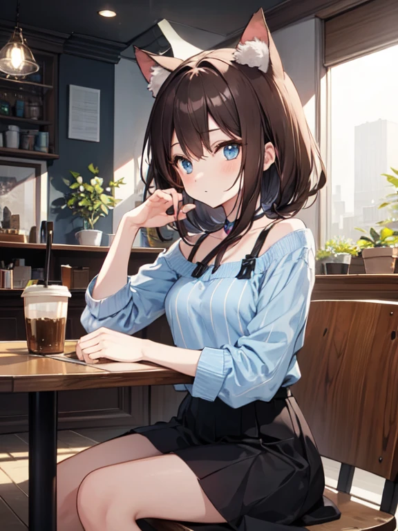  A cute girl with brown hair and blue eyes, wearing a striped top, is sitting at a table in a cafe, drinking coffee. She has cat ears on her head. In the style of digital art, cute anime, and pastel colors, the fantasy-inspired scene features soft hues, creating an atmosphere that feels both dreamy and cozy. This artwork captures the imagination, inviting the viewer to ponder the potential story behind these characters. 