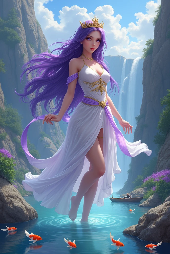 A beautyful girl long porple hear and porple eyes and white and gold dress and dressing line porple with a head golden taj with neture like a mountain and waterfall’ lake’ lake under colorful fishses’ duck’ and boat