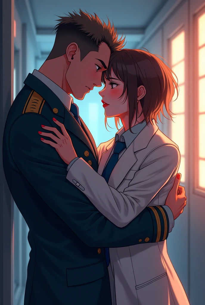 anime, a domineering military man is holding a sickly male scientist in his arms, male-male love, BL, handsome, bright