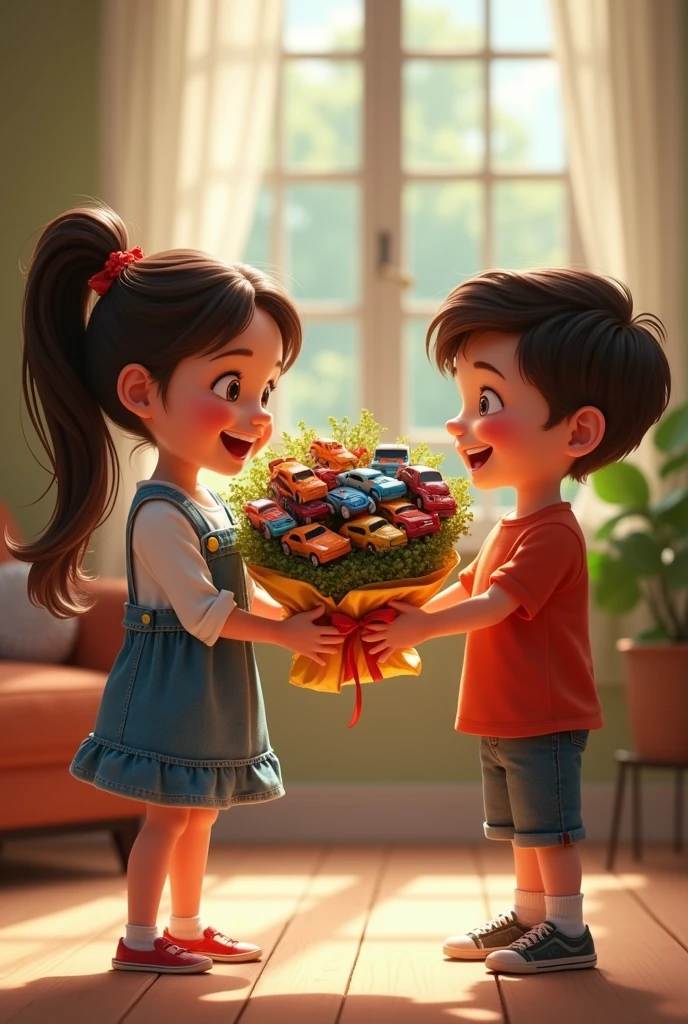 Hotwheels bouquet , Cute girl gives a bouquet of Hotwheels cars to a boy 
