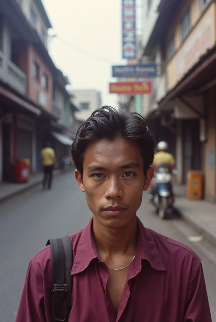 Some photographs circa 1982, street photo in Bandung city.  :: Photograph with pockets camera, Kodak colour, ... Purpleish:: face looking to viewer