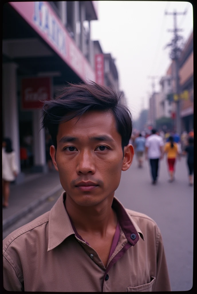 Some photographs circa 1982, street photo in Bandung city. :: Photograph with pockets camera, Kodak colour, ... Purpleish:: face looking to viewer