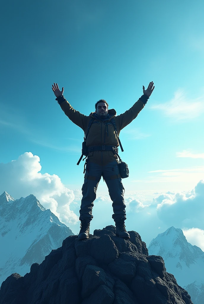 The climber standing on the peak of the mountain, arms raised in 
triumph against a backdrop of blue sky and clouds. This image should radiate 
success, achievement, and empowerment.