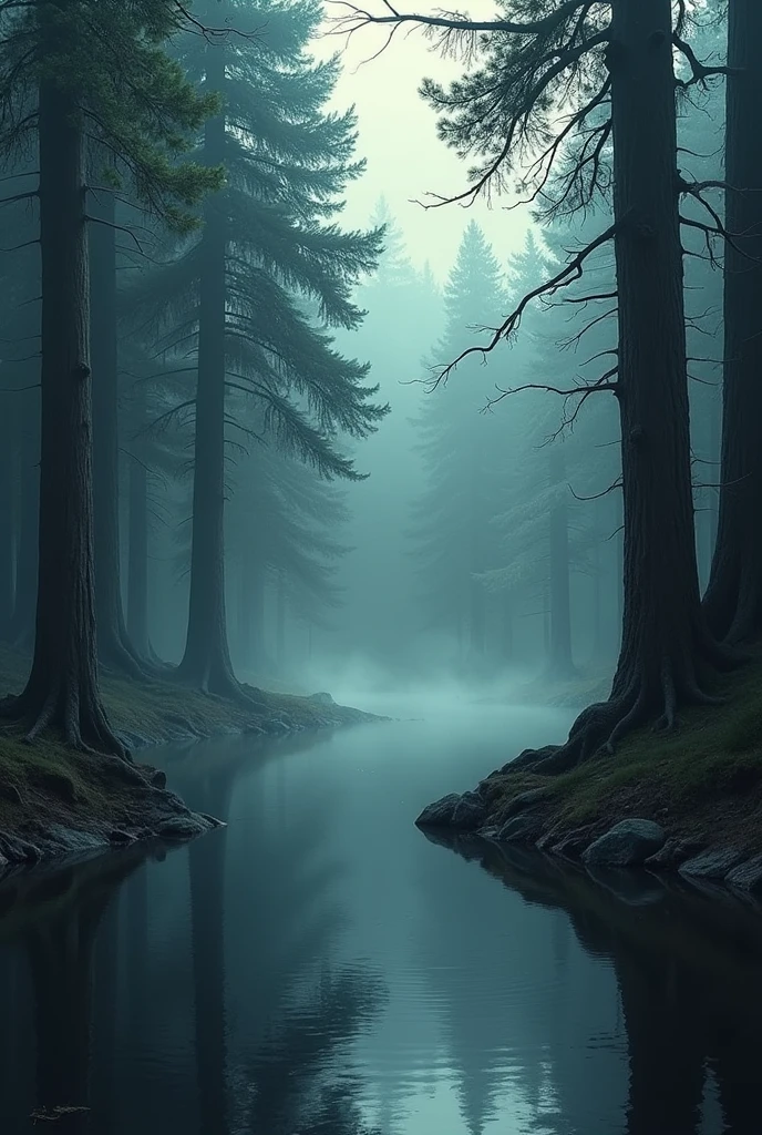 Small shady lake with terror pines