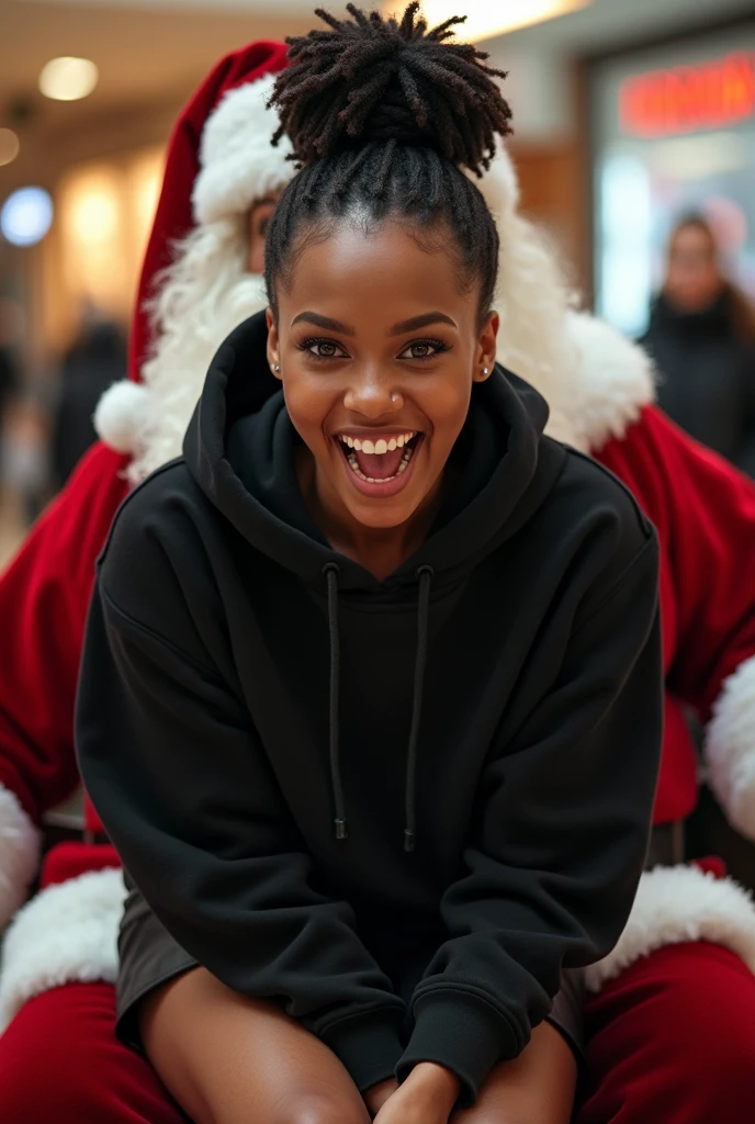 black woman hair in a bun black hoodie black leather short shorts excited and eyes wide open on her face setting in santa claus lap at the mall 8k