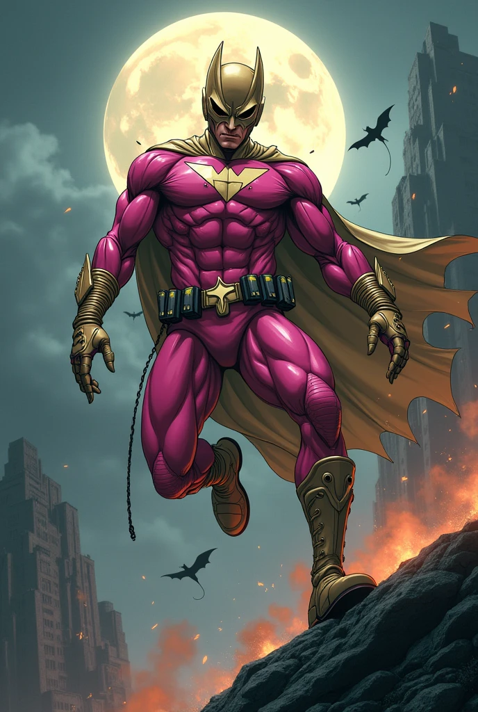 Malaysia man in high-tech suit, vivid effects, malaysian superhero (KELUANG MAN) in a striking pink and brown beige costume cyberpunk design((, mask small mini bat ear beige,)) daredevil beige mask, jumpsuit dark pink stands confidently in a dramatic.jumping from high place.hero costume.one hand rise up. (Big triangle logo on the chest.high detail Punisher logo on the chest)). Fighting pose , stormy landscape. ((Head covered node guard like batman. Running pose , athletic body type, small mini ear bat mask))The character wears domino mask a helmet with pointed mini torn ears and a flowing cape biege, open nose and mouth. Equipped with visible futuristic weapons on a belt,bullet proof jacket pink dark day.show fingers pose, dark night, big supermoon effect . Small logo on chest triangle shape small punisher logo center triangle cyber logo center on chest pink logo mini logo . rocky. Building top.smoke ground , bomb effect background, losse pants, losses costume.adding to --ar 3:4 --style raw --stylize 500 --v 6.1. chaos. Lot of small flying bat. One leg on the high stone. Man. Backpack . Real man age 40 year old. One hand holding belt.one hand holding black rope hanging on building
