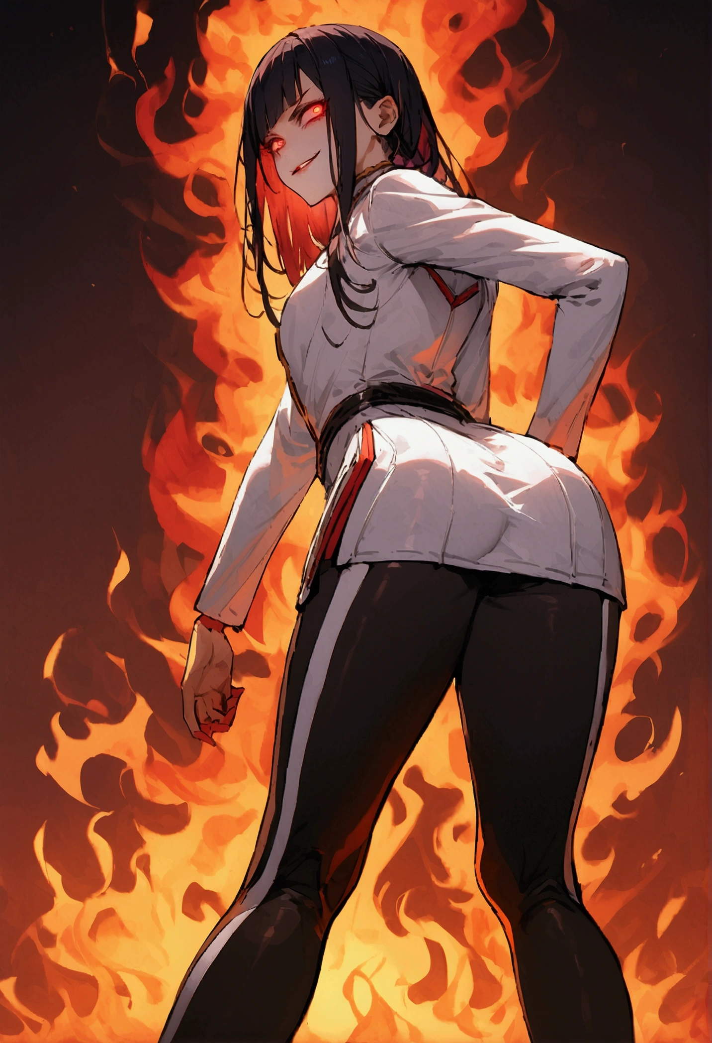 standing,standing backwards,looking back,shorth hair,Eyes red,white tight jacket on fire,tight black leggings,purple and red aura,evil smile,bangs on the eyes
