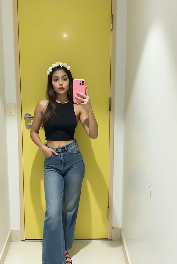 20 years old cute indian girl , long hair , mesomorph body , 25% fat , black bra , sexy and hot , big boobs , deep cleavage , sexy navel , sexy belly , short blue jeans , taking mirror selfie , wide navel 