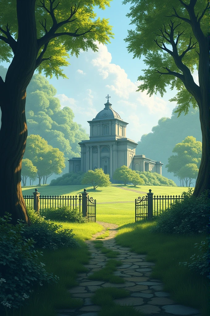 A place with trees and a large building covered by a fence