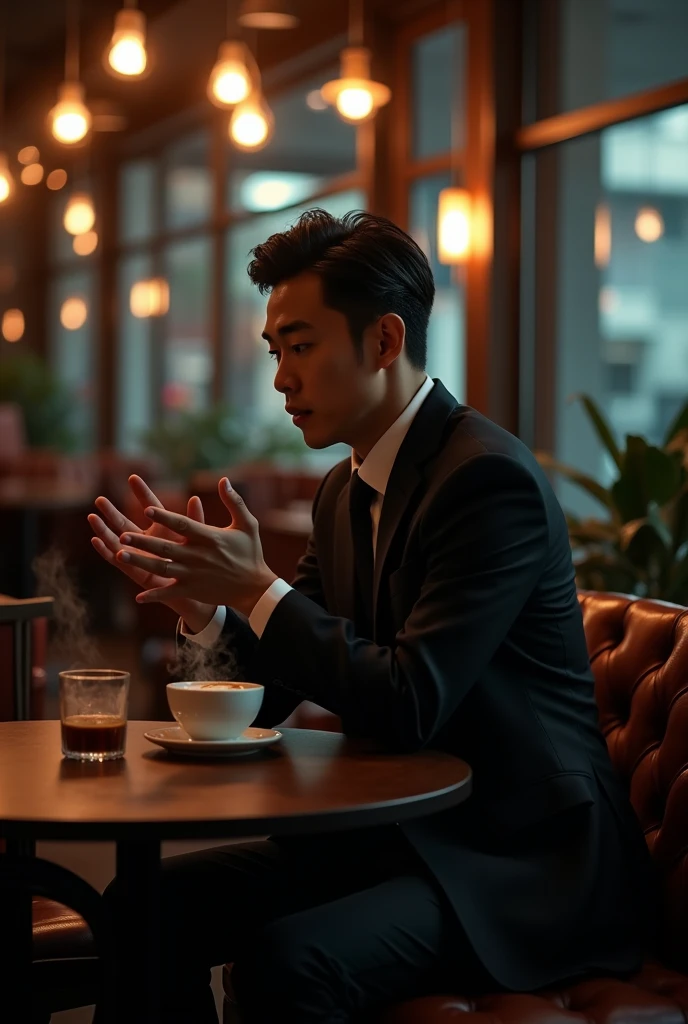 Dark image of a handsome Korean CEO sitting in a cafe clapping his hands lightly 